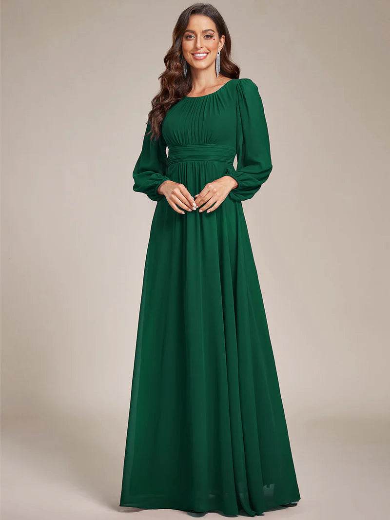 Round Neck Bridesmaid Dress – Long Lantern Sleeves, Elegant Fit - Biamonde